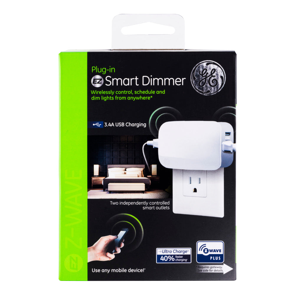 GE Z-Wave Plus Dual Outlet/USB Plug-in Smart Dimmer Switch, White, 28175