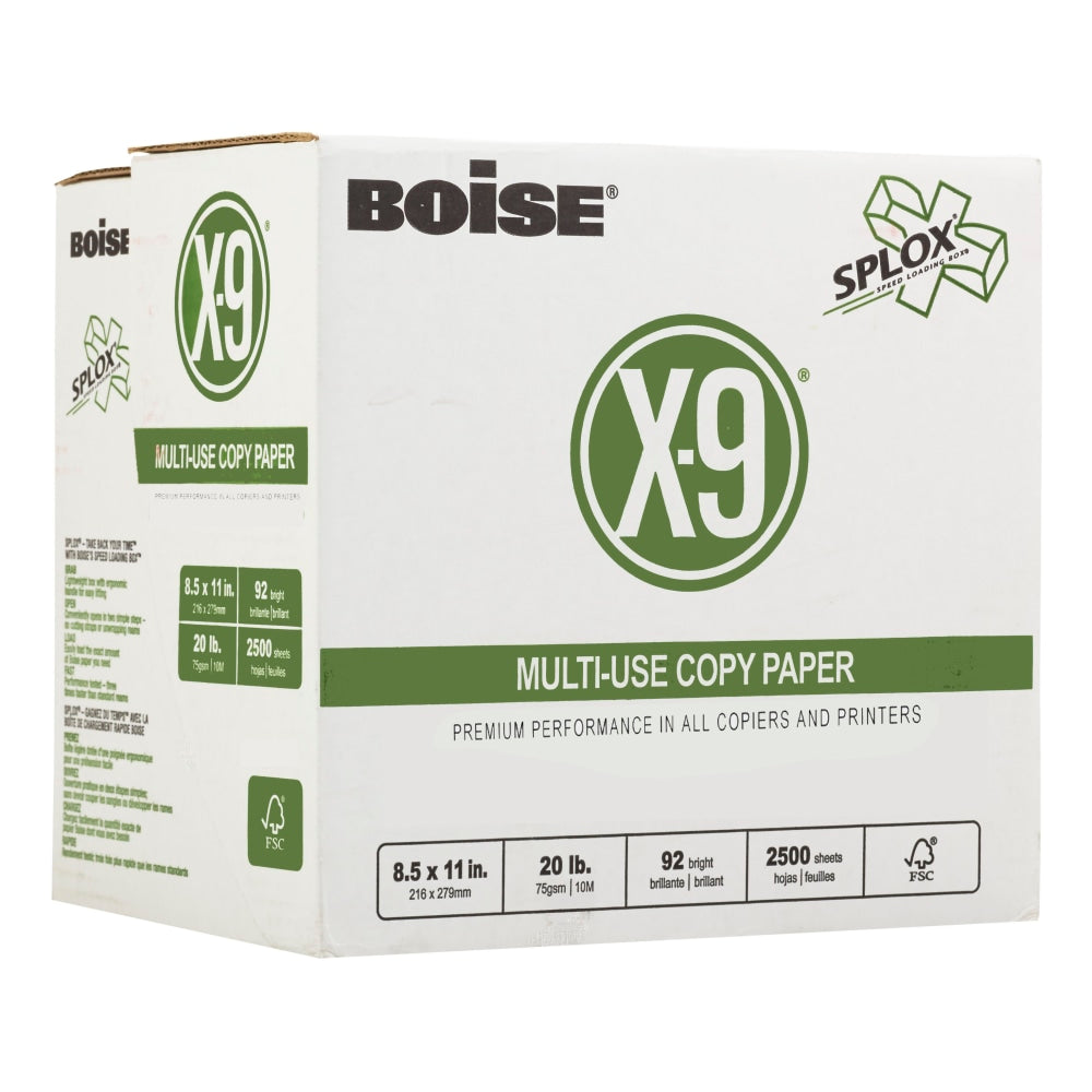 Boise X-9 SPLOX Multi-Use Print & Copy Paper, Letter Size (8 1/2in x 11in), 92 (U.S.) Brightness, 20 Lb, White, 2500 Sheets Per Case, Pallet Of 80 Cases