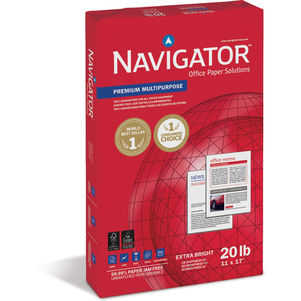 Navigator Laser/Inkjet Print Copy And Multi-Use Paper, Ledger Size (11in x 17in), 20 Lb, Smooth, Carton Of 5 Reams