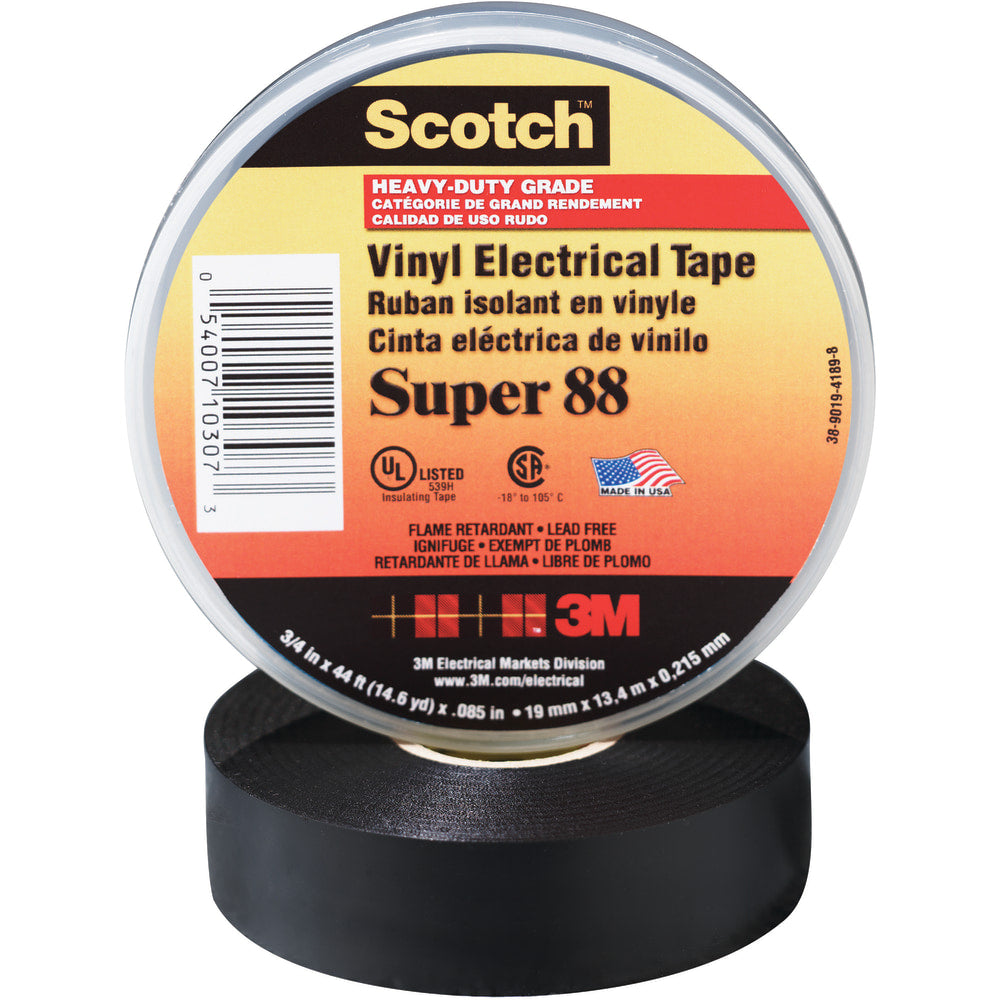 3M Super 88 Electrical Tape, 1.5in Core, 0.75in x 66ft, Black, Pack Of 10