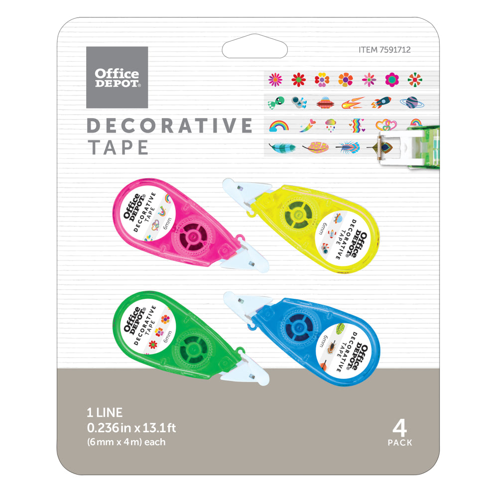 Office Depot Brand Decorative Tape With Dispensers, 0.236in x 4.36 Yd, Assorted Colors/Designs, Pack Of 4 Rolls