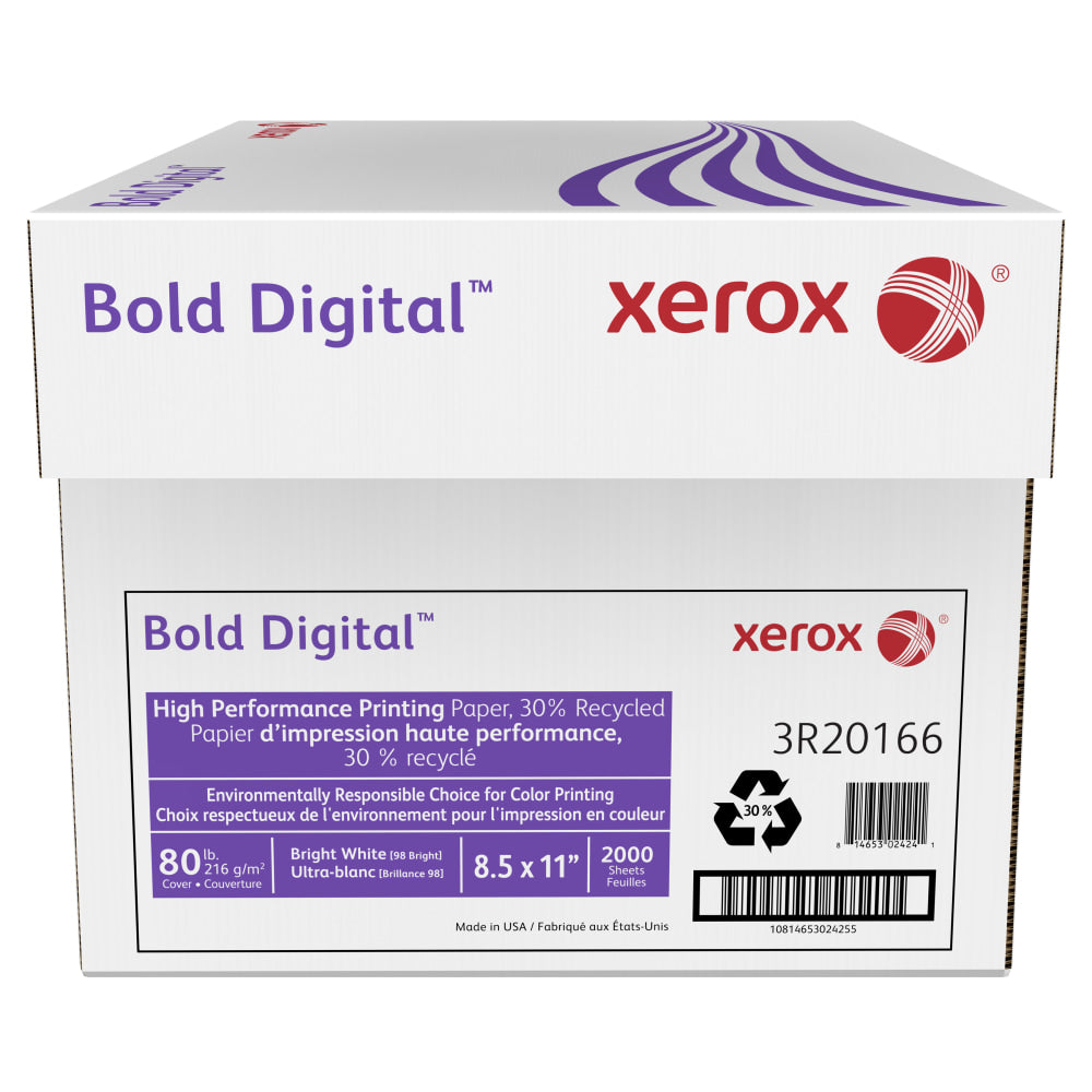 Xerox Bold Digital Printing Paper, Letter Size (8 1/2in x 11in), 98 (U.S.) Brightness, 80 Lb Cover (216 gsm), 30% Recycled, FSCCertified, 250 Sheets Per Ream, Case Of 8 Reams