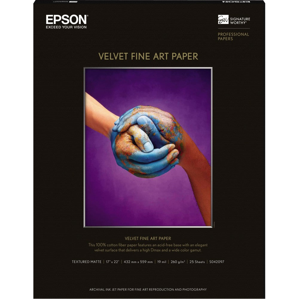 Epson 17in x 22in Velvet Fine Art Paper For Inkjet Printers, 25 Sheets